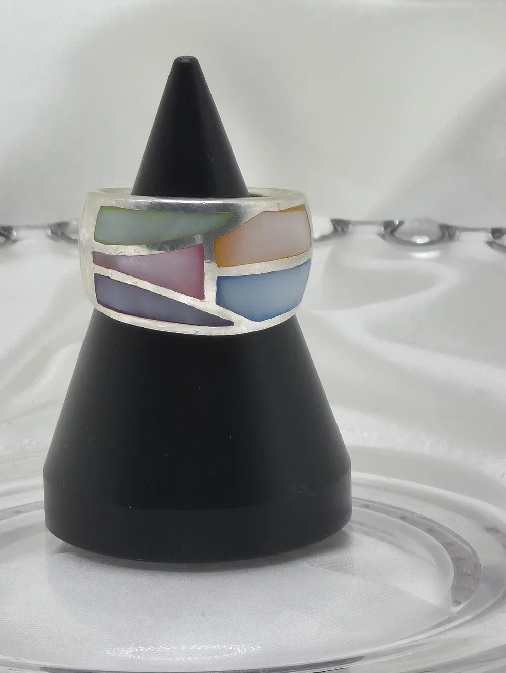 Sterling Silver Multicolor Pastel Mother Of Pearl (MOP) Inlay Band Ring Mosaic